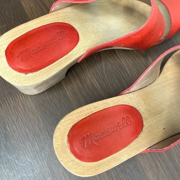Madewell Lipstick Red Double Strap Leather Wood Clara Clog Heeled Sandal - Picture 9 of 14